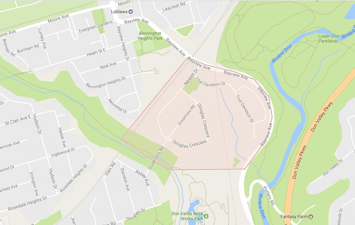 Peta dari Gubernur Bridge lingkungan Toronto