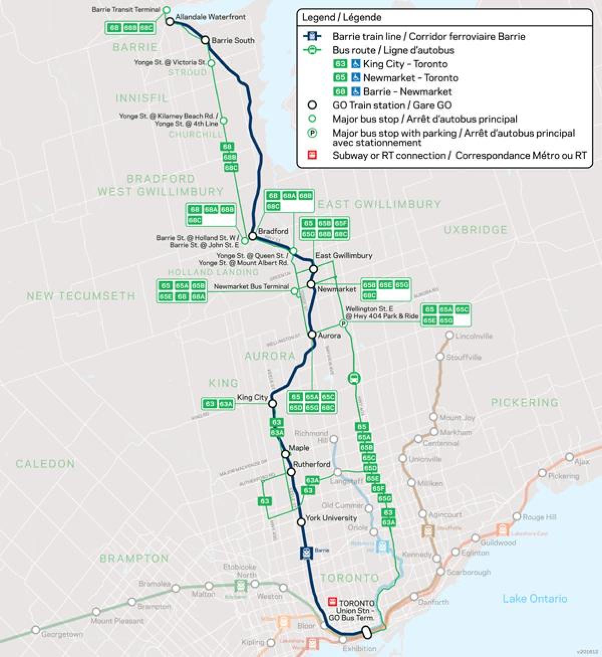 Peta dari garis Barrie Pergi Transit