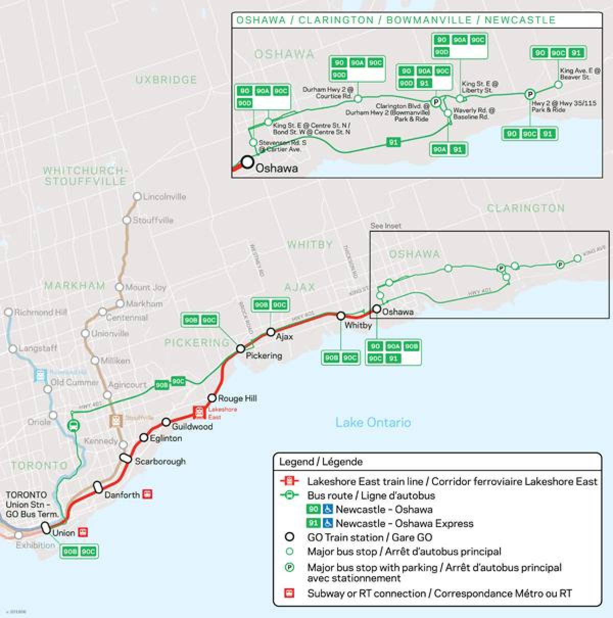Peta dari garis Lakeshore Timur Go Transit