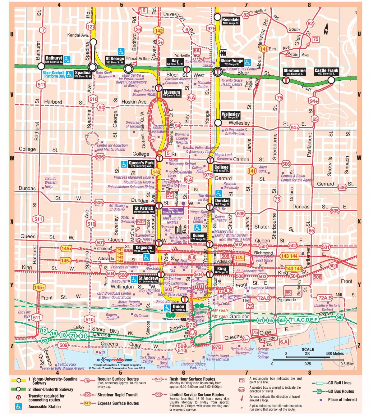 Peta dari stasiun Kereta bawah tanah pusat kota Toronto