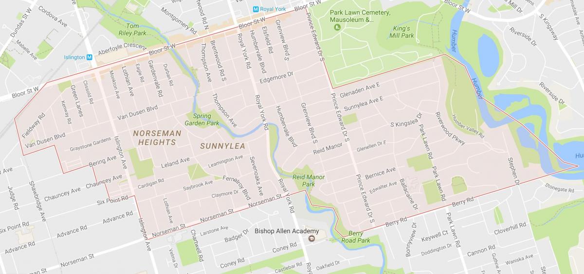Peta dari Sunnylea lingkungan lingkungan Toronto