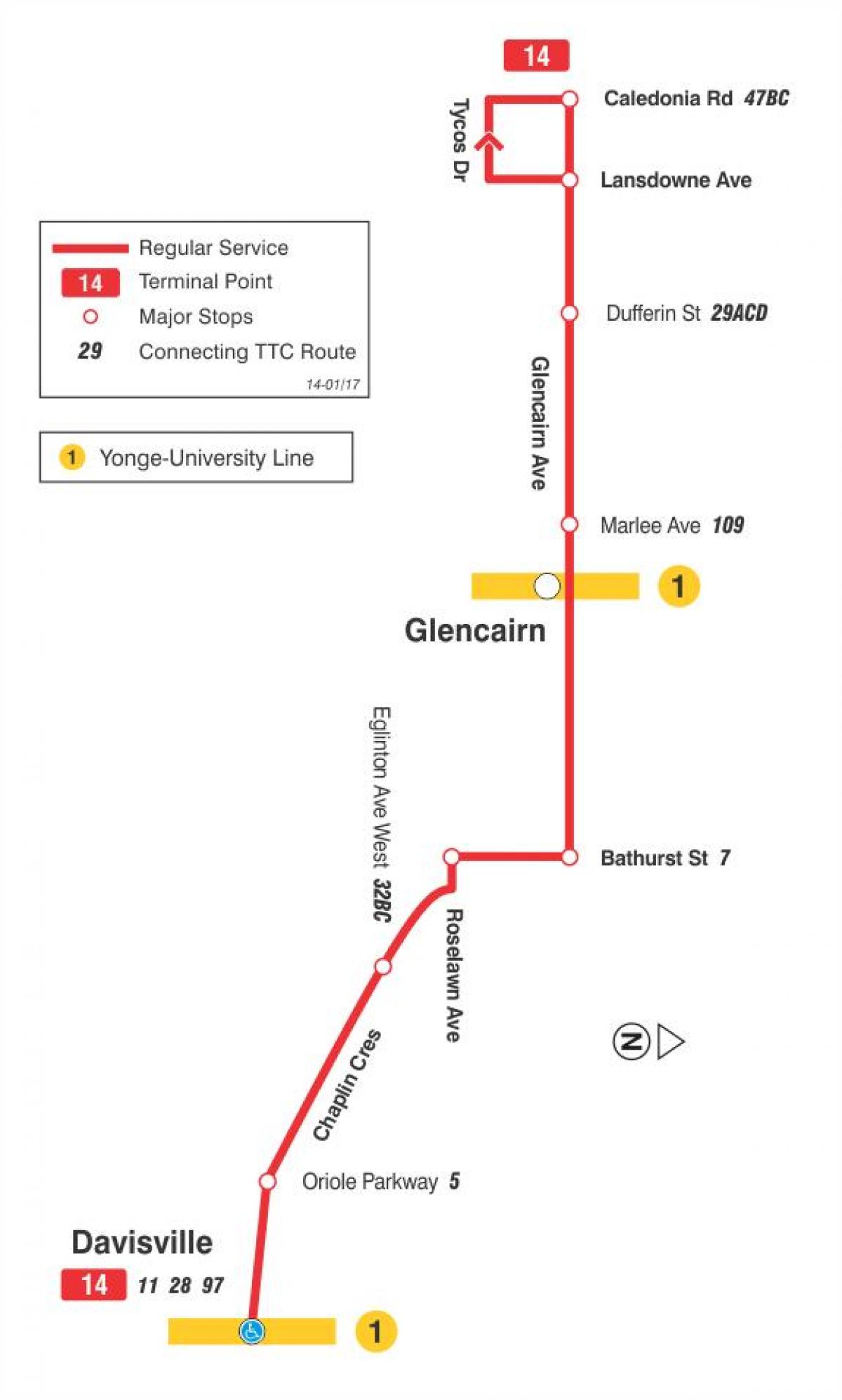 Peta dari TTC 14 Glencairn bus rute Toronto