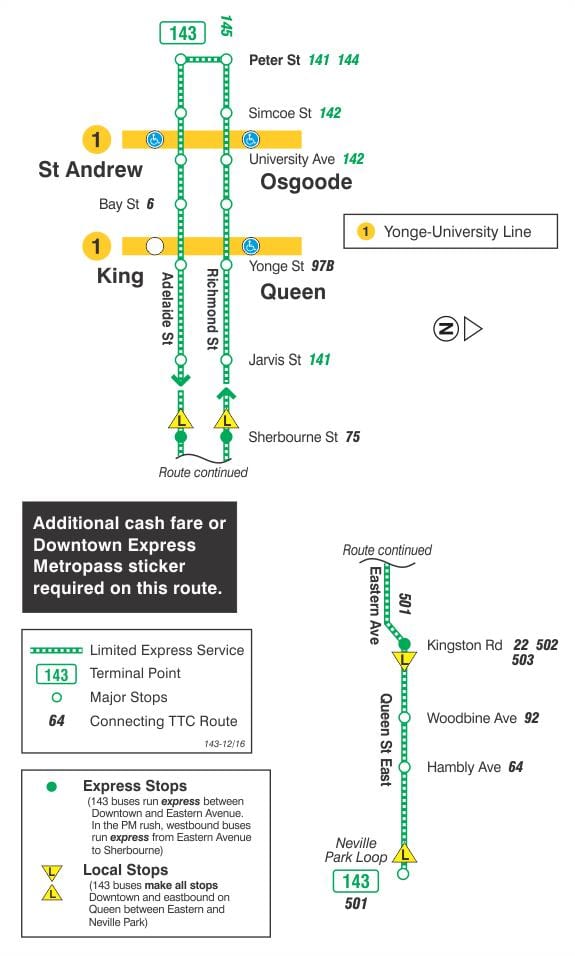 Peta dari TTC 143 Kota / Beach Express bus rute Toronto