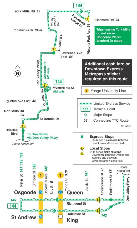 Peta dari TTC 144 Kota / Don Valley Express bus rute Toronto