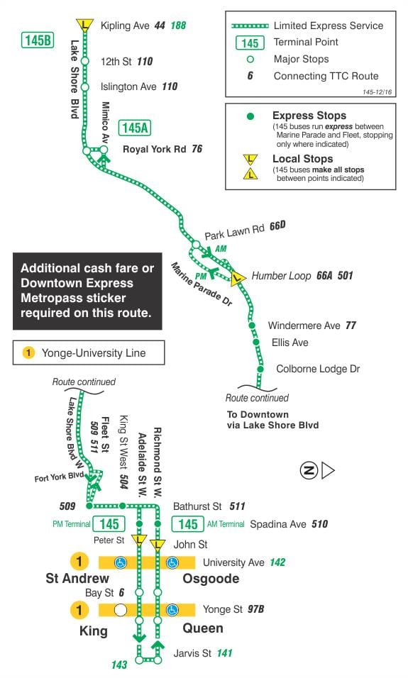 Peta dari TTC 145 Kota / Humber Bay Express bus rute Toronto