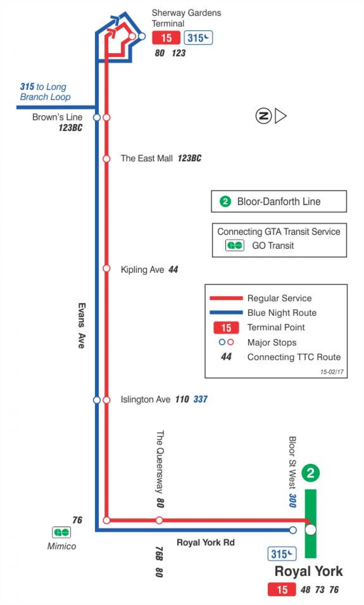 Peta dari TTC 15 Evans bus rute Toronto