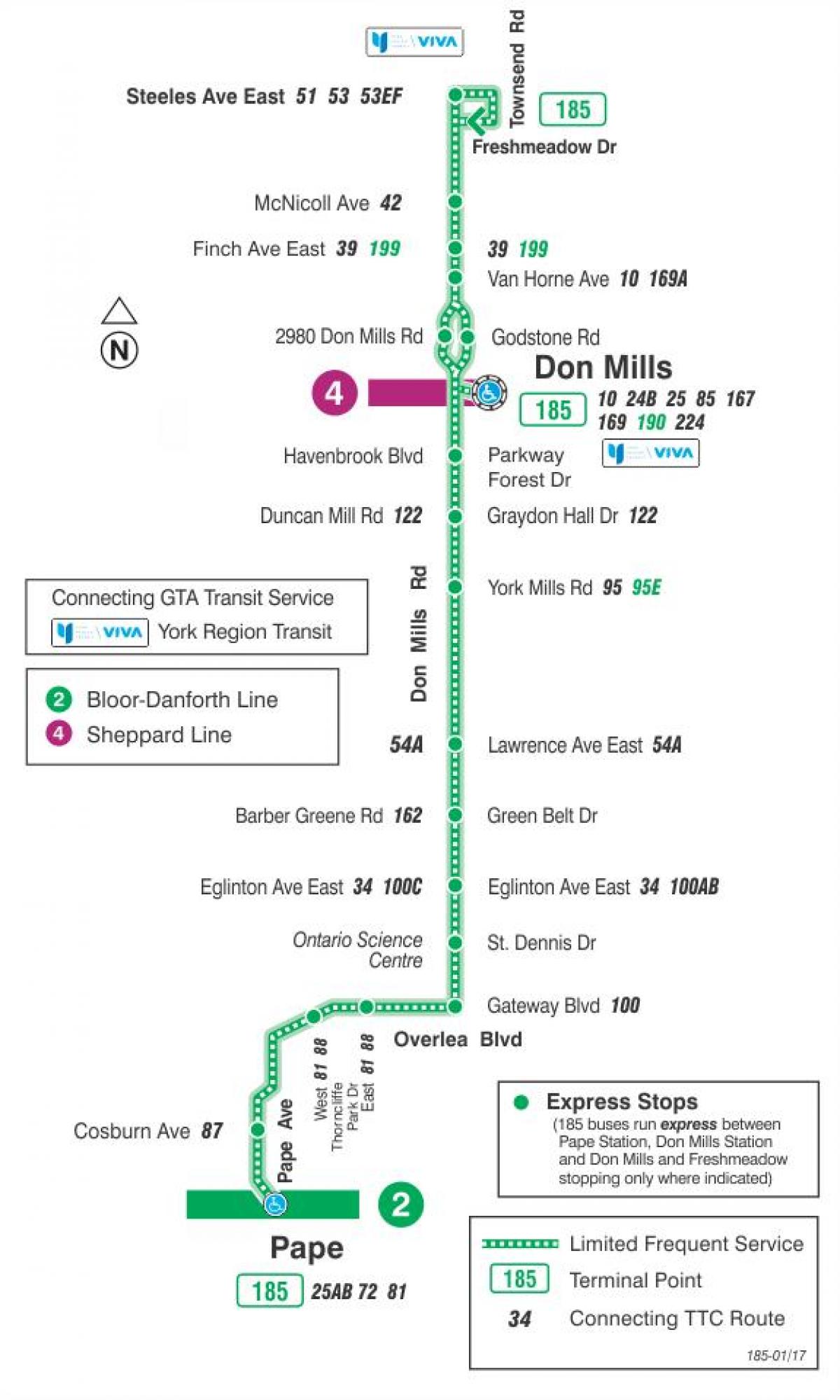 Peta dari TTC 185 Don Mills Roket bus rute Toronto