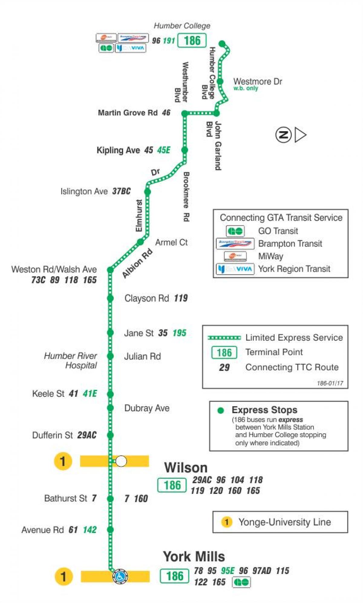 Peta dari TTC 186 Wilson Roket bus rute Toronto