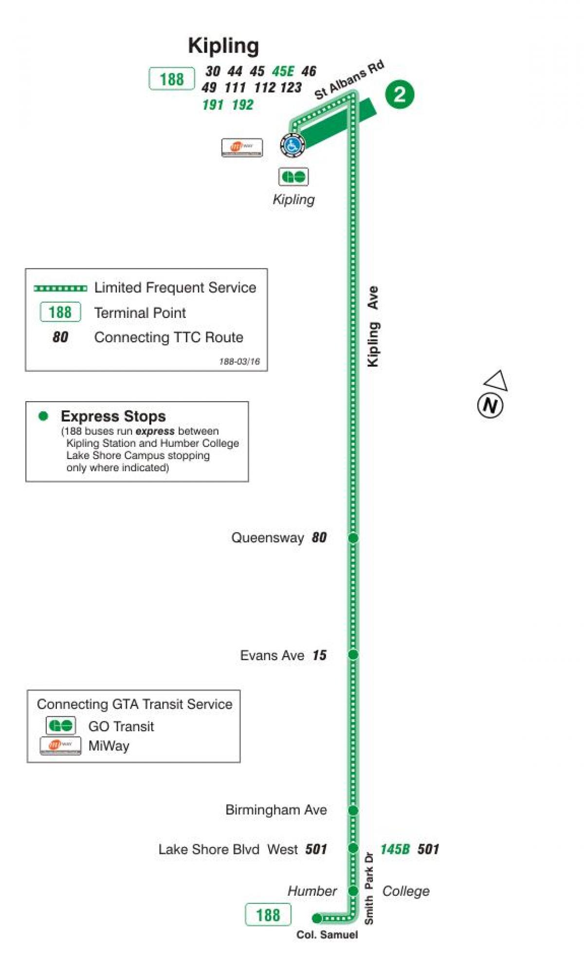 Peta dari TTC 188 Kipling Selatan Roket bus rute Toronto