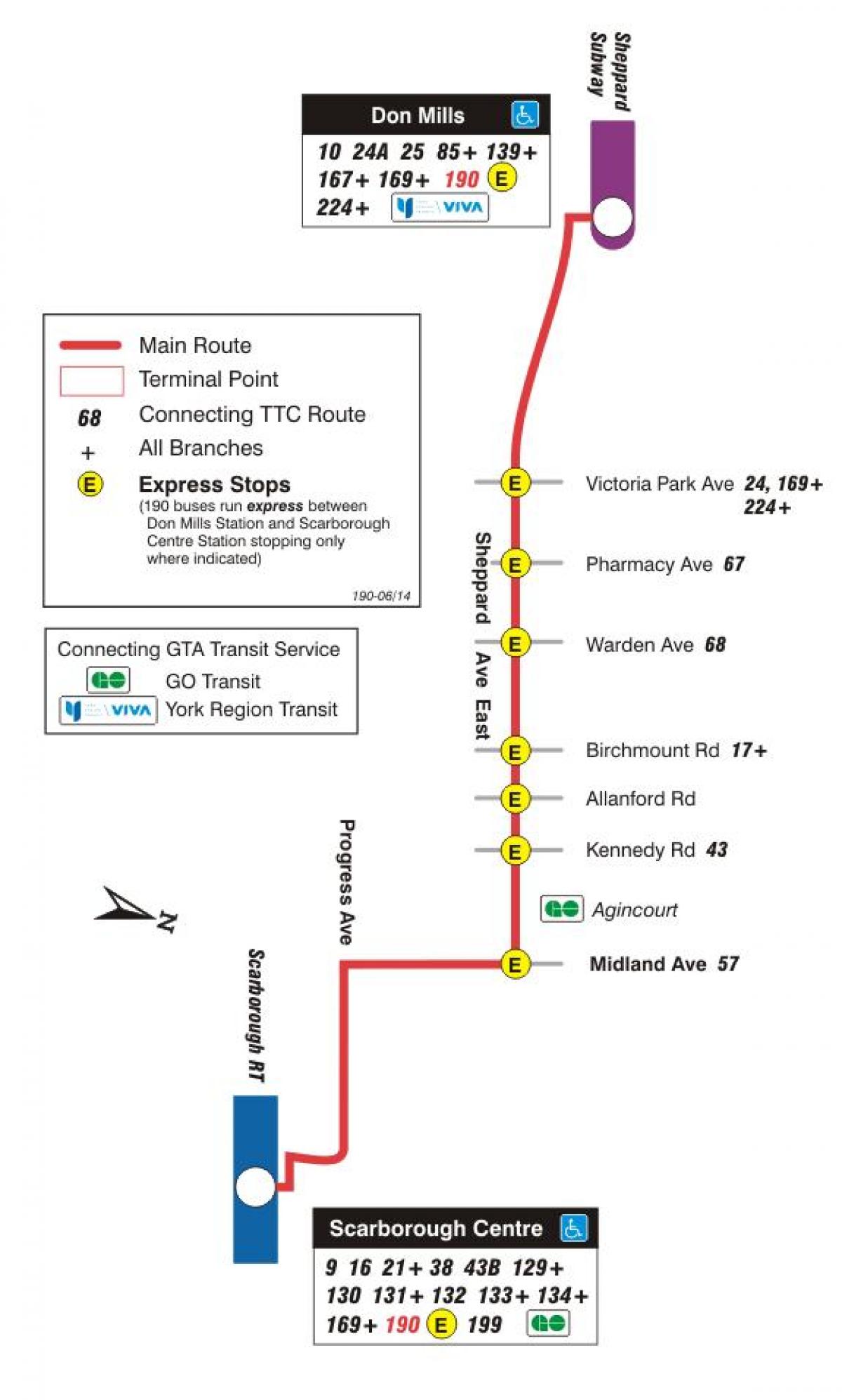 Peta dari TTC 190 Scarborough Pusat Roket bus rute Toronto