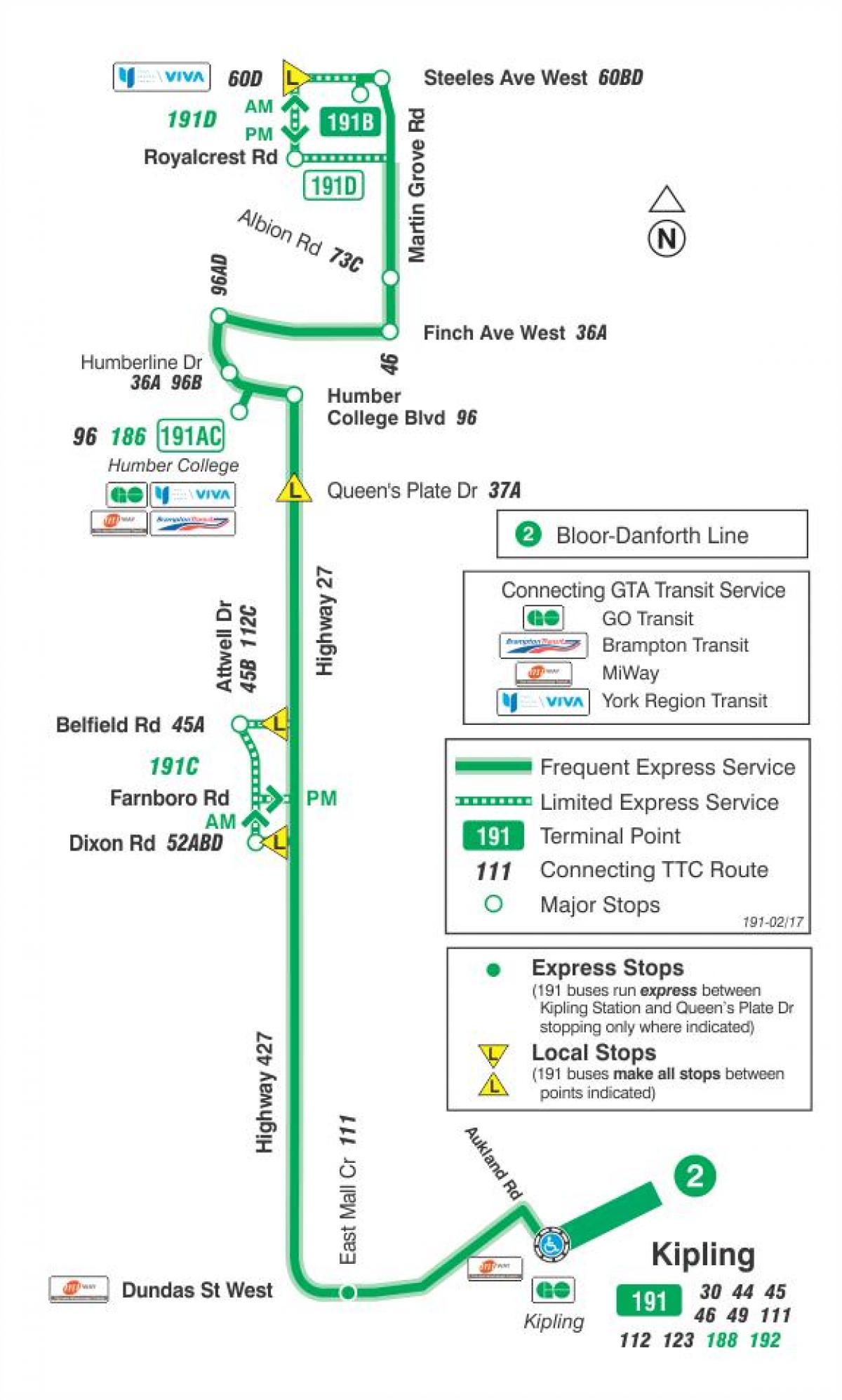 Peta dari TTC 191 Raya 27 Roket bus rute Toronto