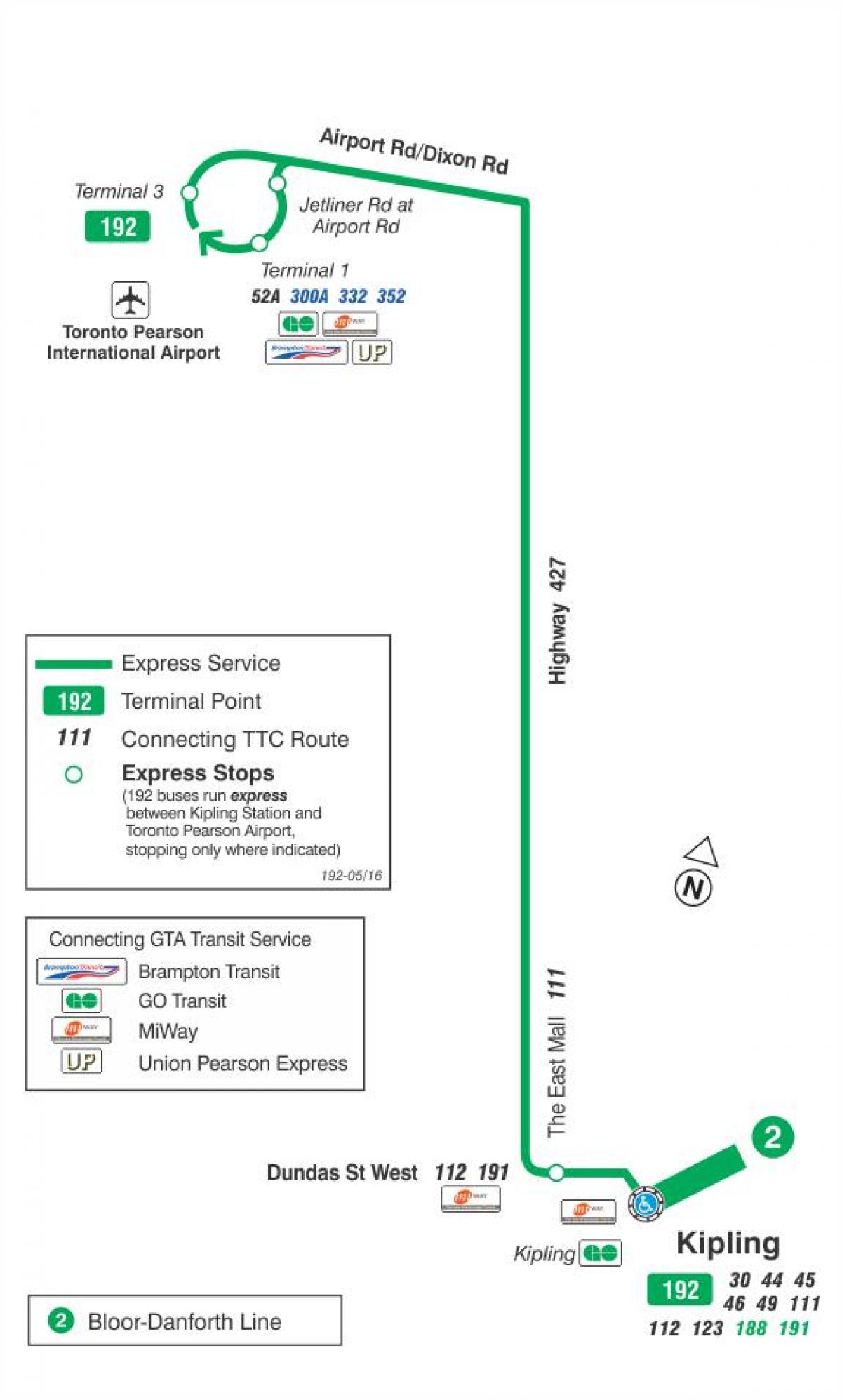 Peta dari TTC 192 Bandara Roket bus rute Toronto