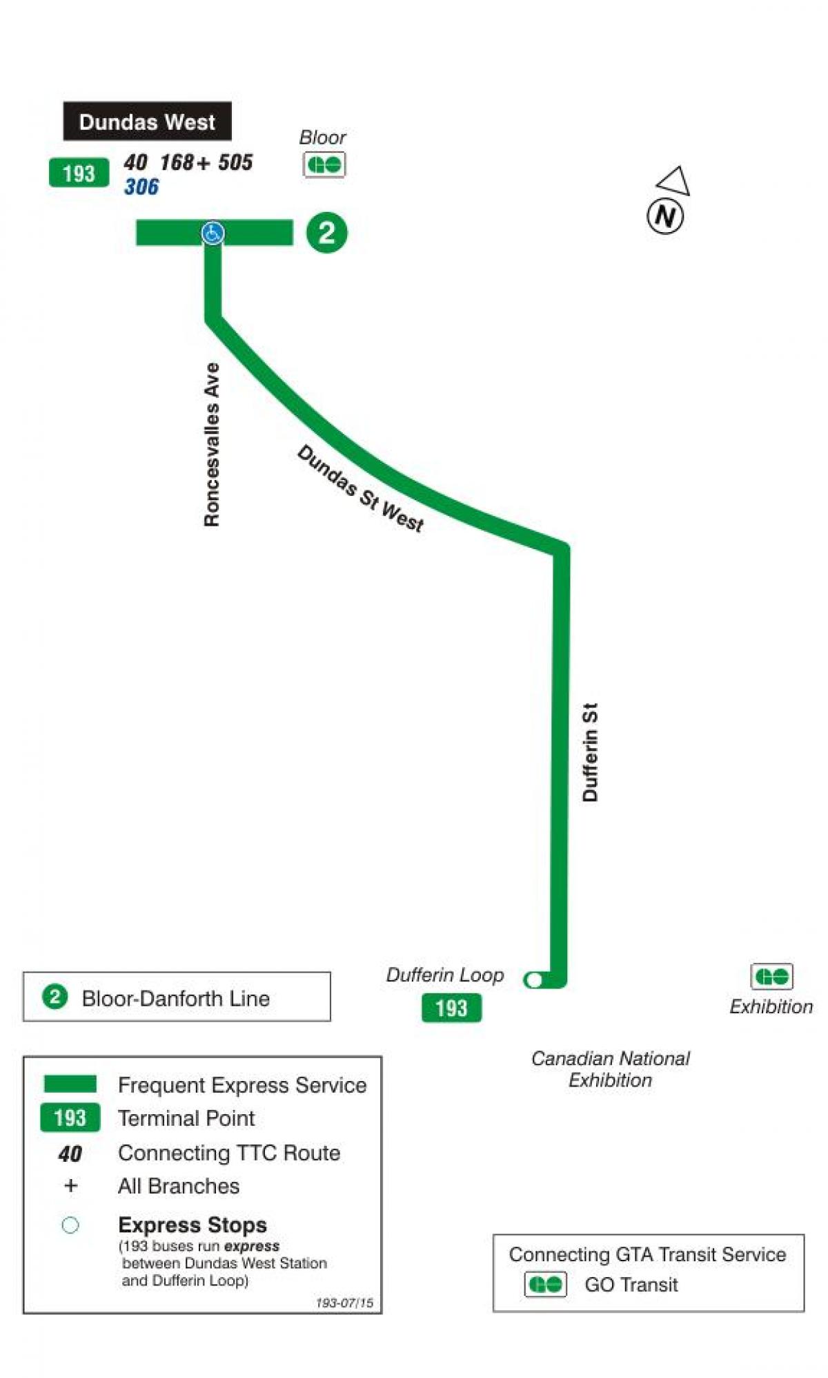 Peta dari TTC 193 Pameran Roket bus rute Toronto