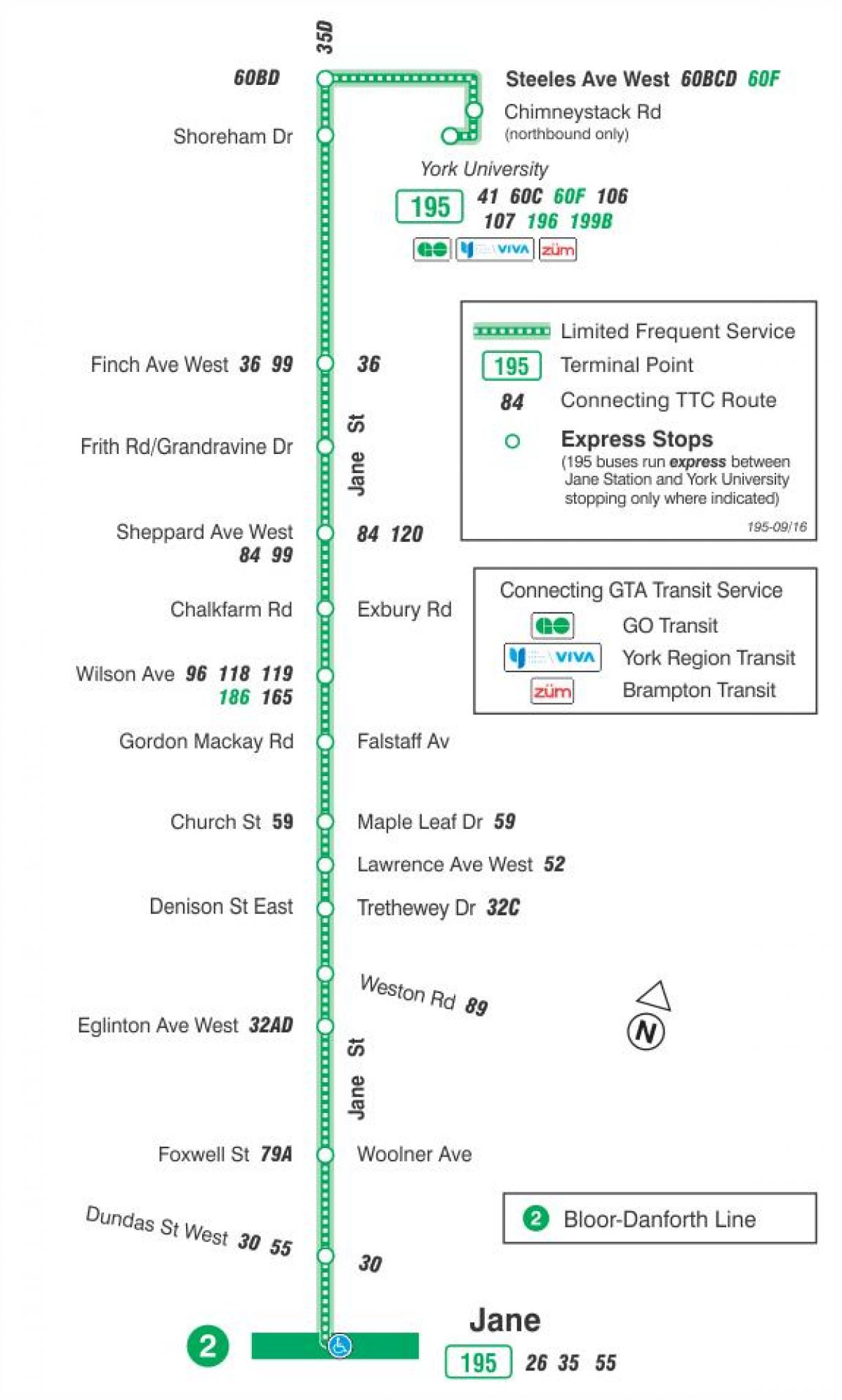 Peta dari TTC 195 Jane Roket bus rute Toronto