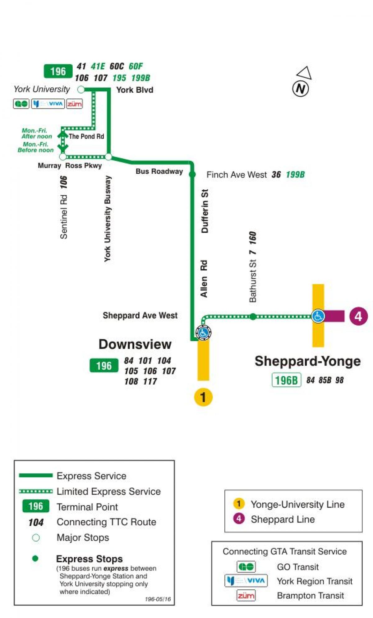 Peta dari TTC 196 York University Roket bus rute Toronto