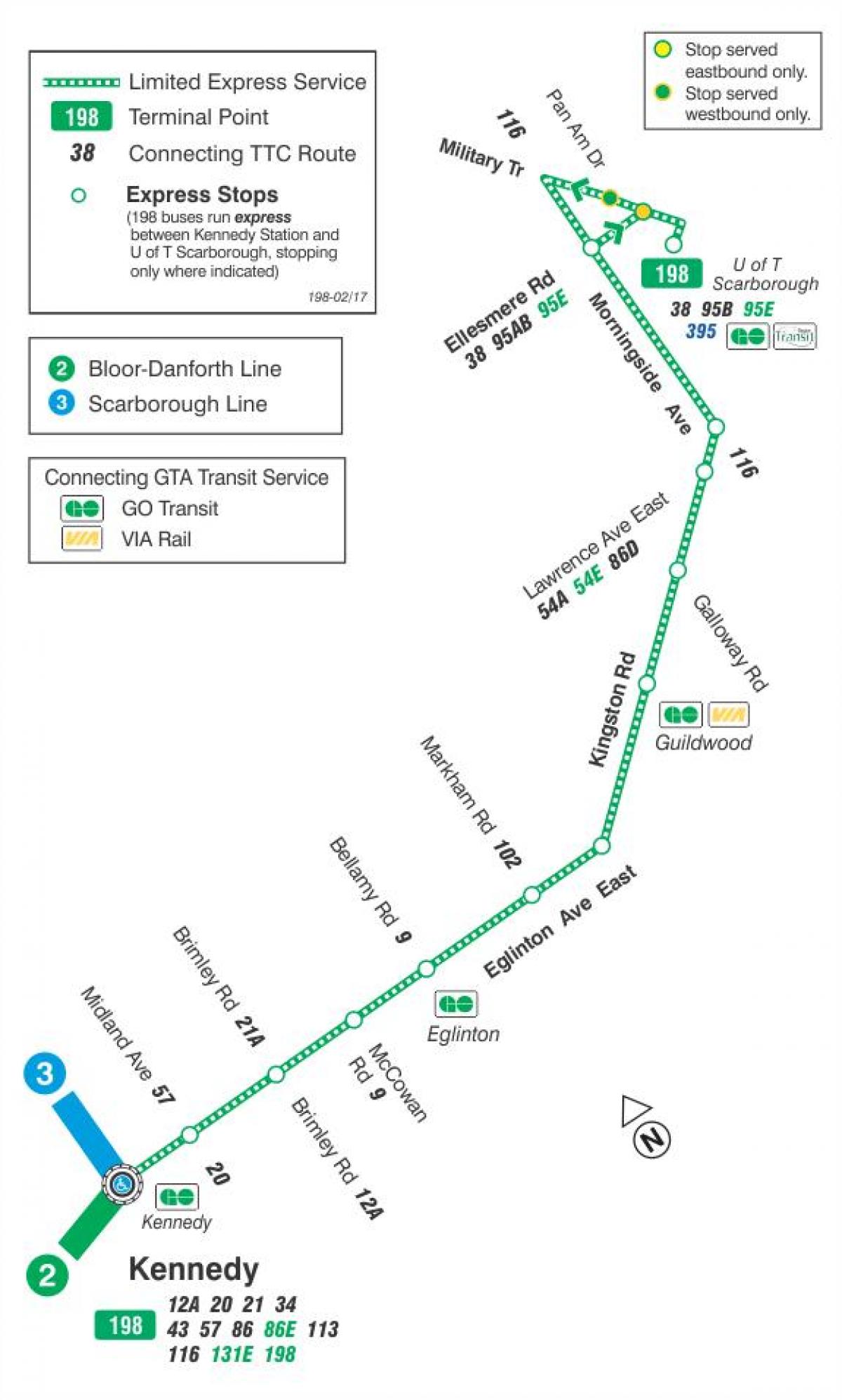 Peta dari TTC 198 U T Scarborough Roket bus rute Toronto