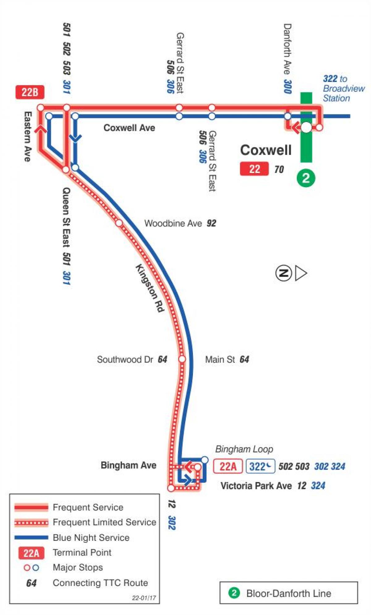 Peta dari TTC 22 Coxwell bus rute Toronto