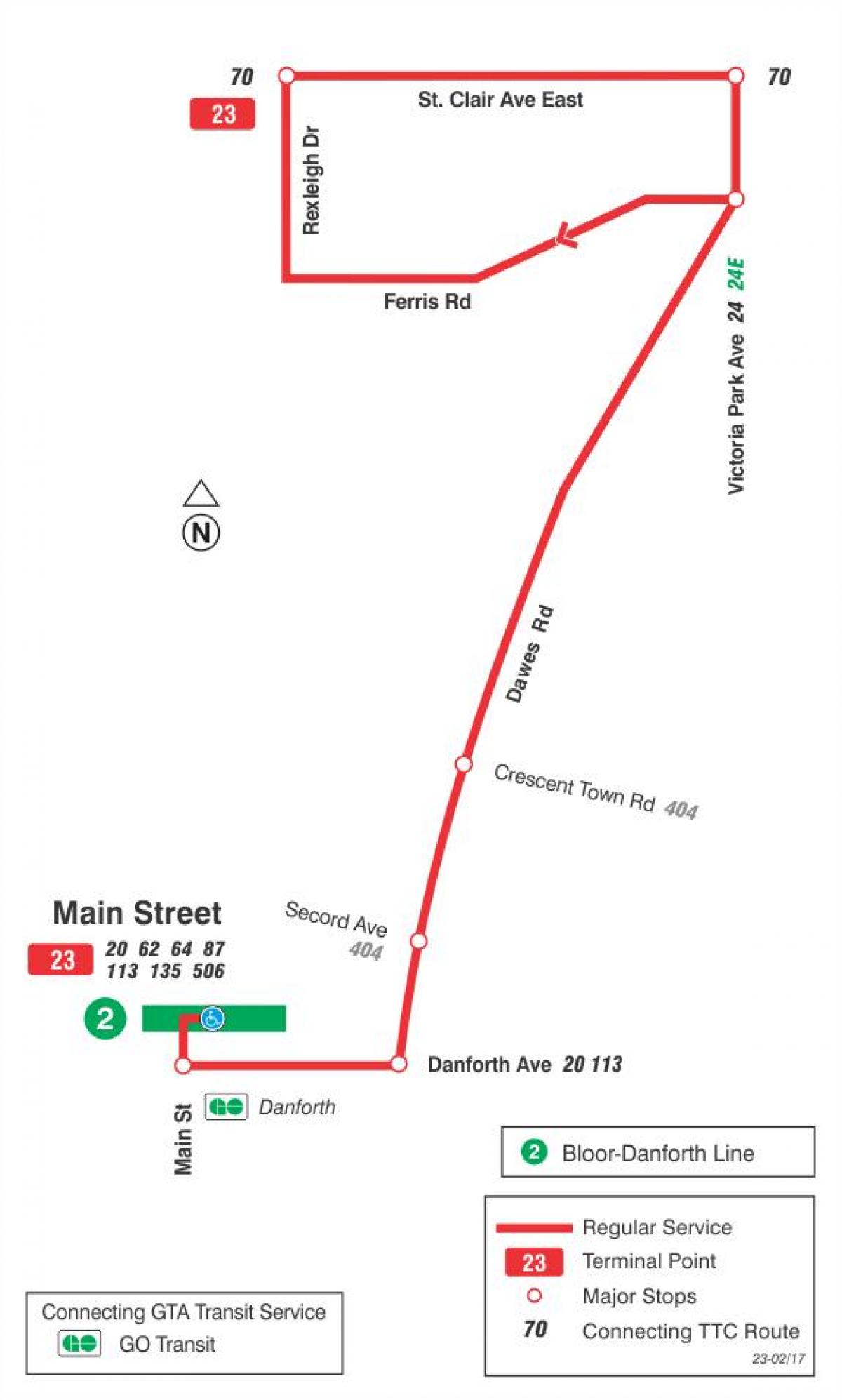 Peta dari TTC 23 Dawes bus rute Toronto