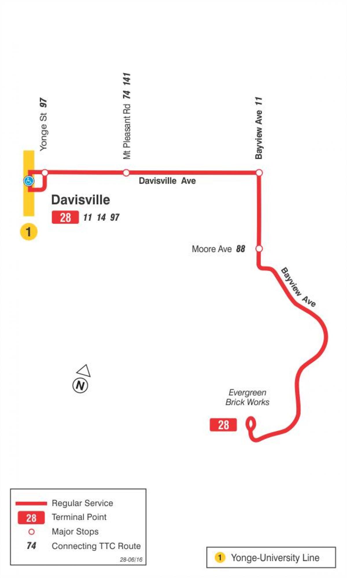 Peta dari TTC 28 Bayview Selatan bus rute Toronto