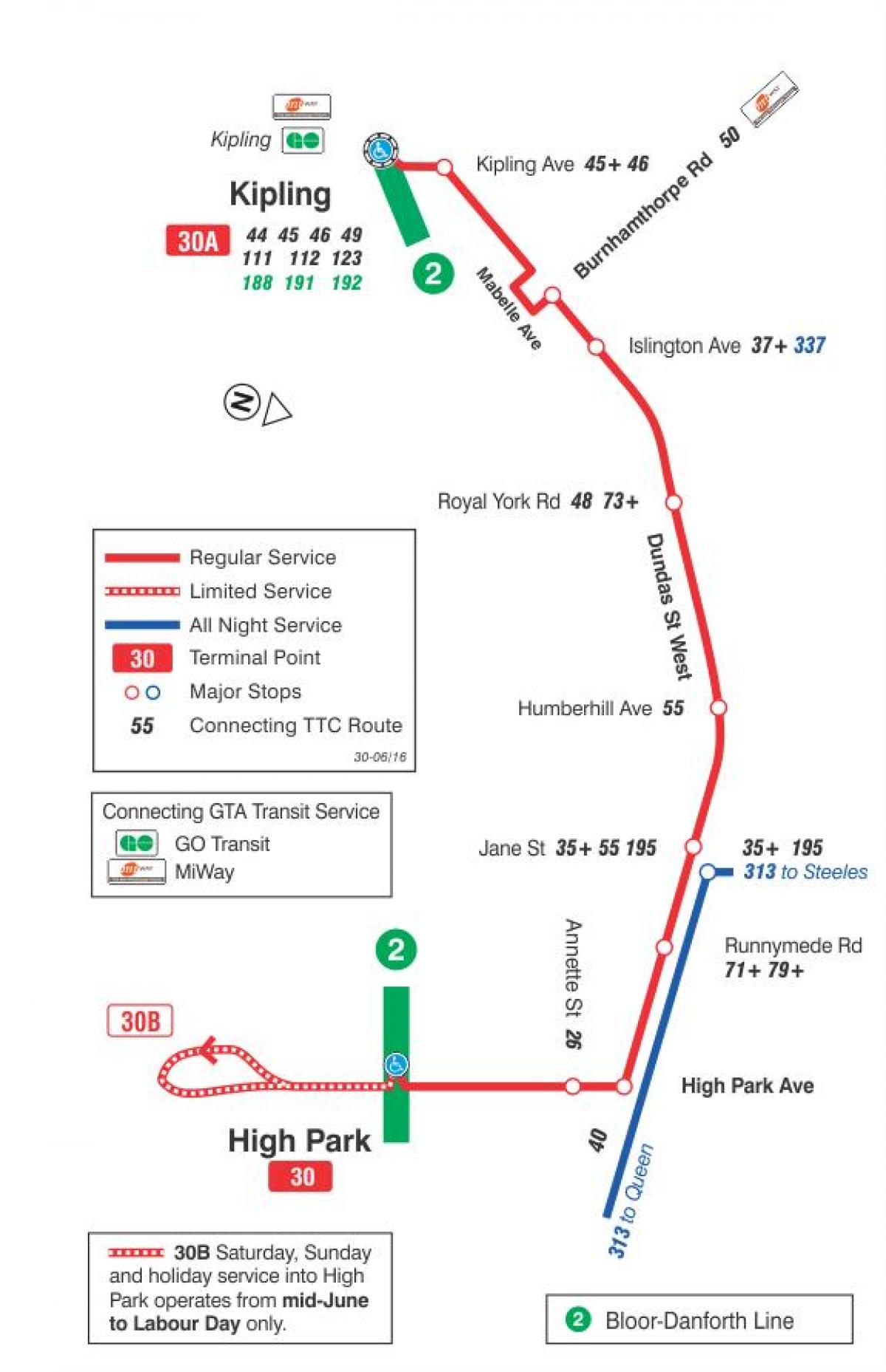 Peta dari TTC 30 Lambton bus rute Toronto