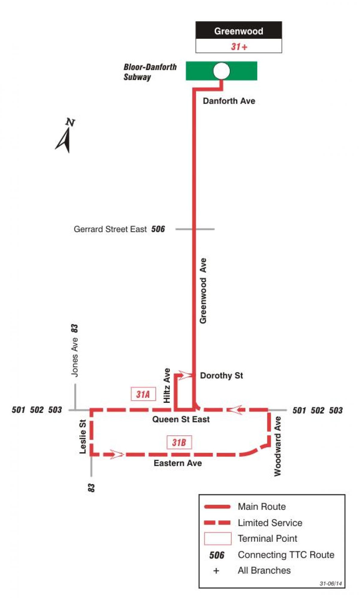 Peta dari TTC 31 Greenwood bus rute Toronto