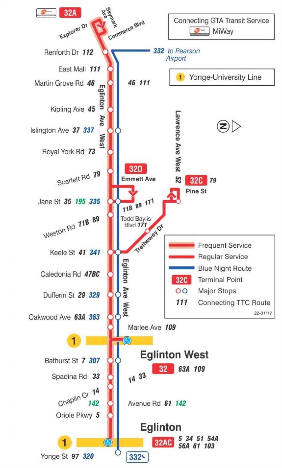 Peta dari TTC 32 Eglinton Barat rute bus Toronto