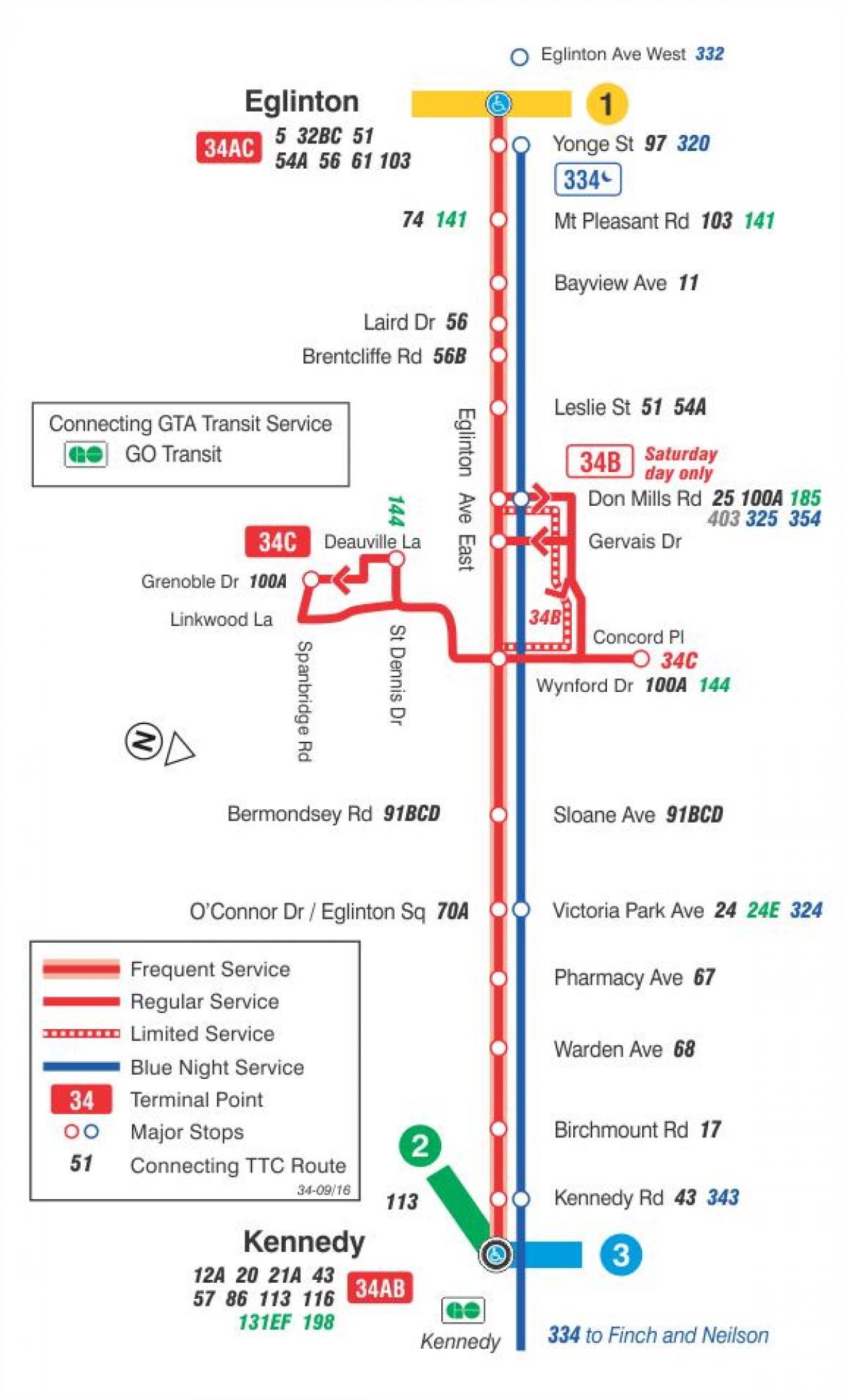 Peta dari TTC 34 Eglinton Timur rute bus Toronto