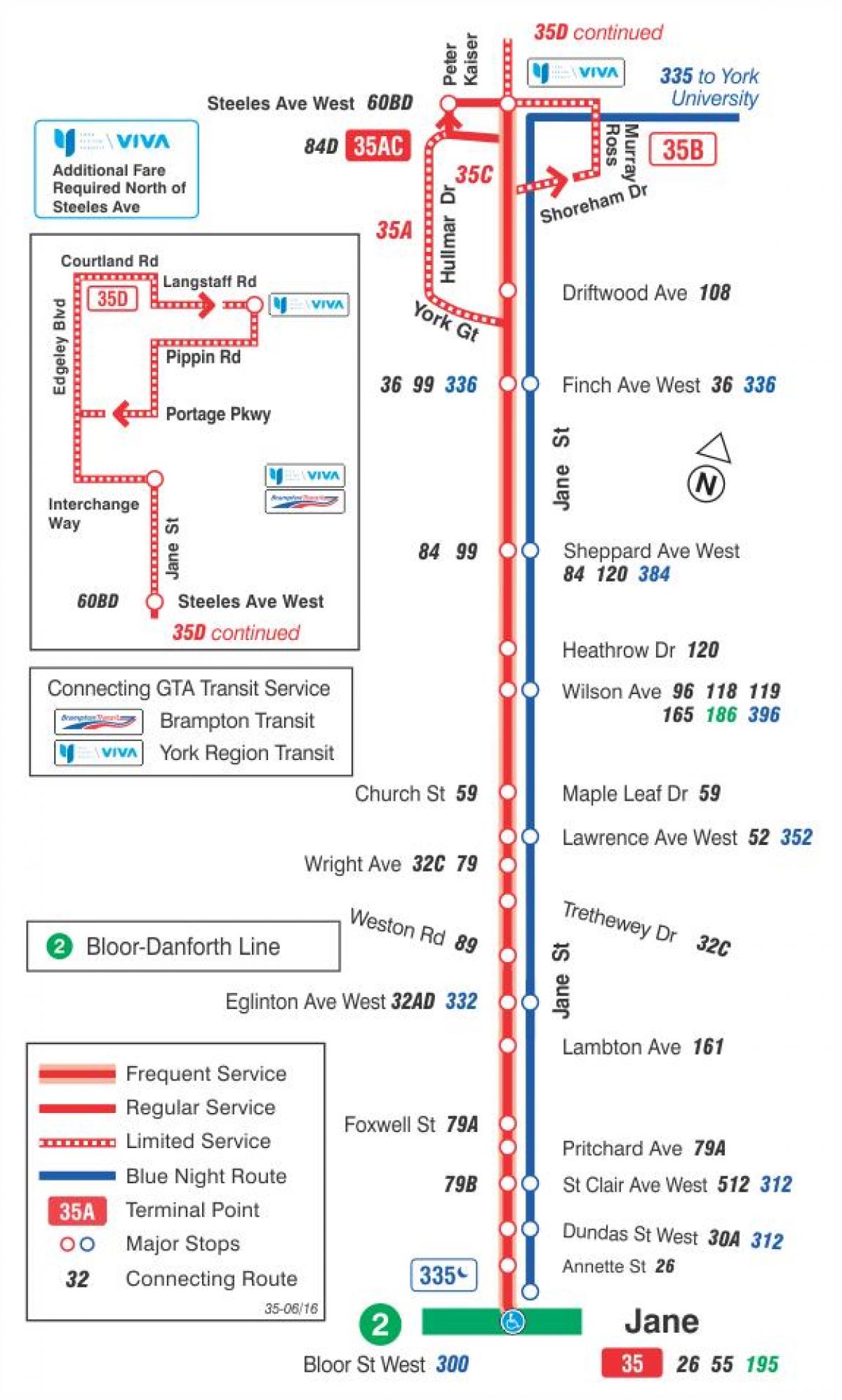 Peta dari TTC 35 Jane bus rute Toronto