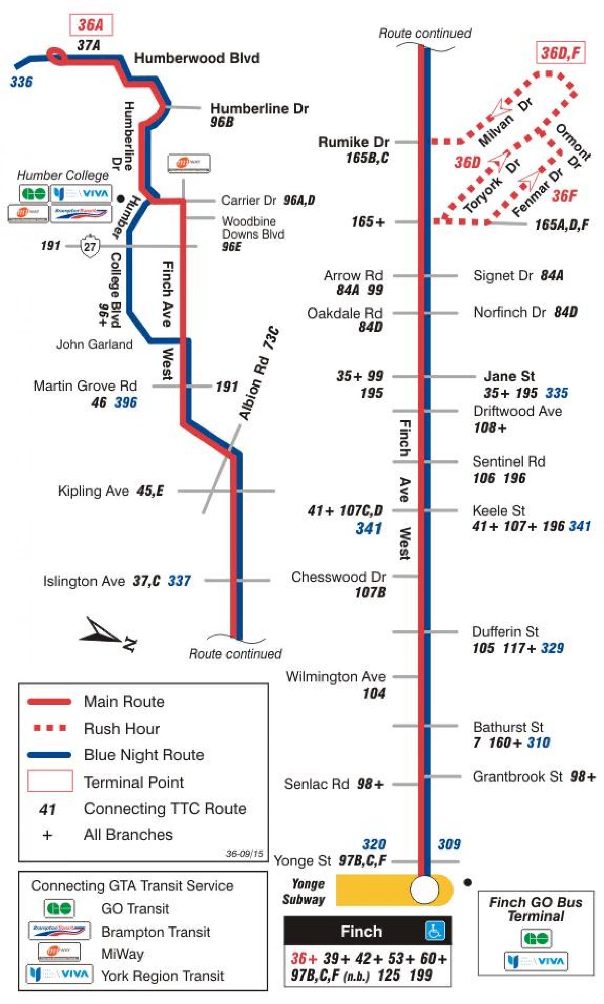 Peta dari TTC 36 Finch Barat rute bus Toronto