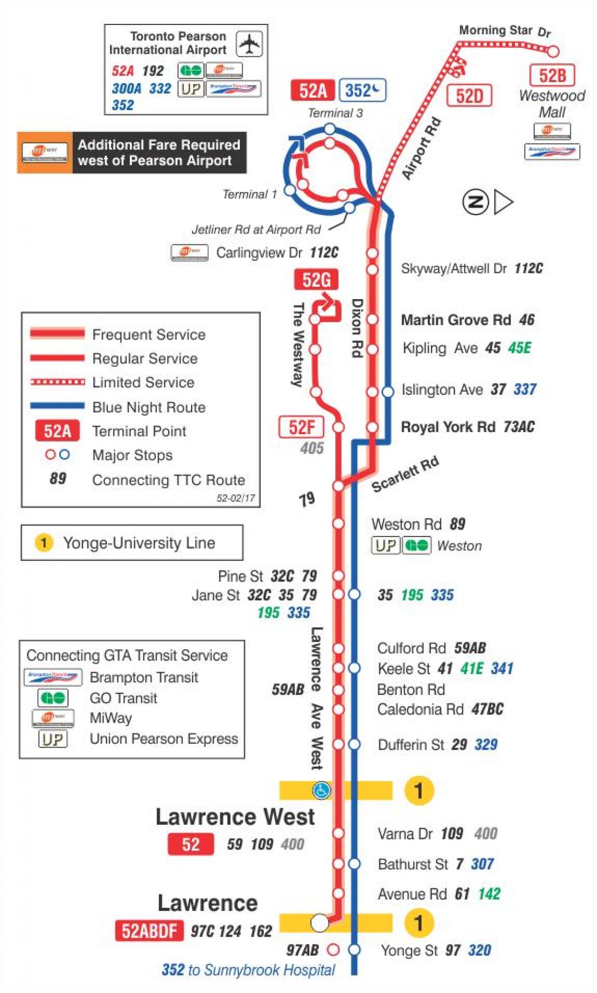 Peta dari TTC 52 Lawrence Barat rute bus Toronto