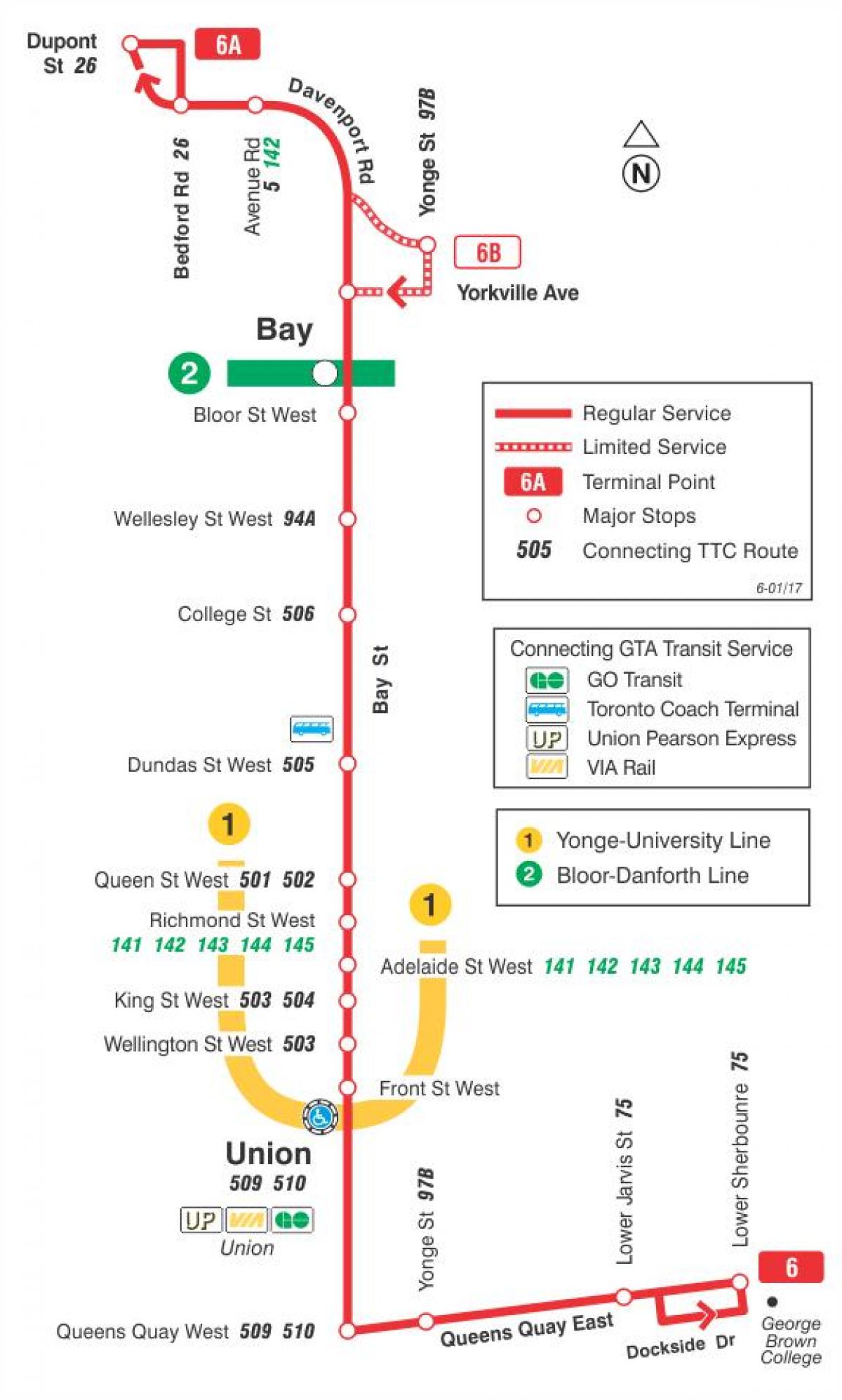 Peta dari TTC 6 Bay bus rute Toronto