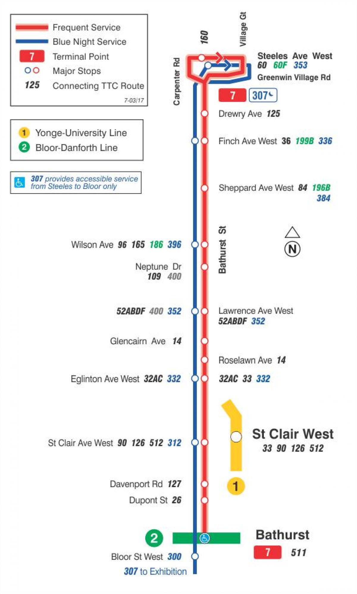 Peta dari TTC 7 Bathurst bus rute Toronto