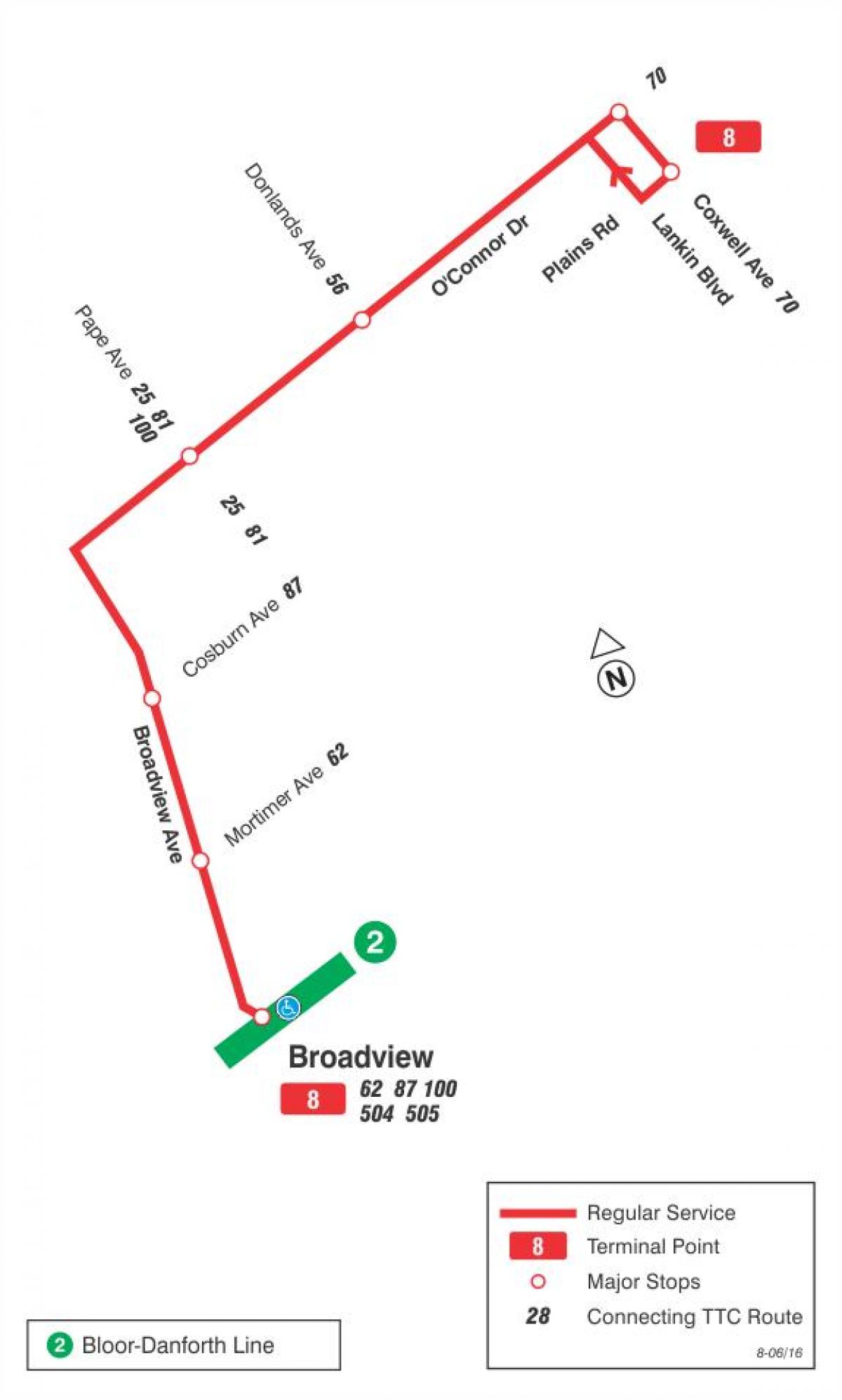 Peta dari TTC 8 Broadview bus rute Toronto