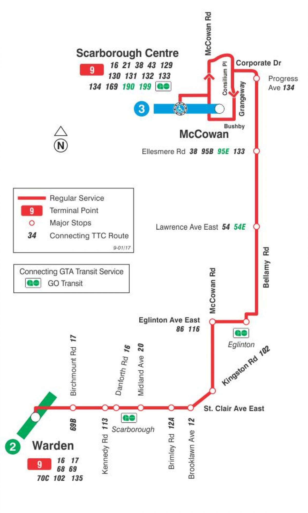 Peta dari TTC 9 Bellamy bus rute Toronto