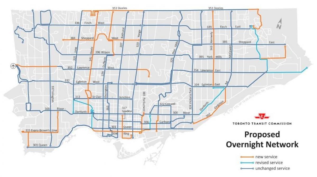 Peta dari TTC semalam jaringan Toronto