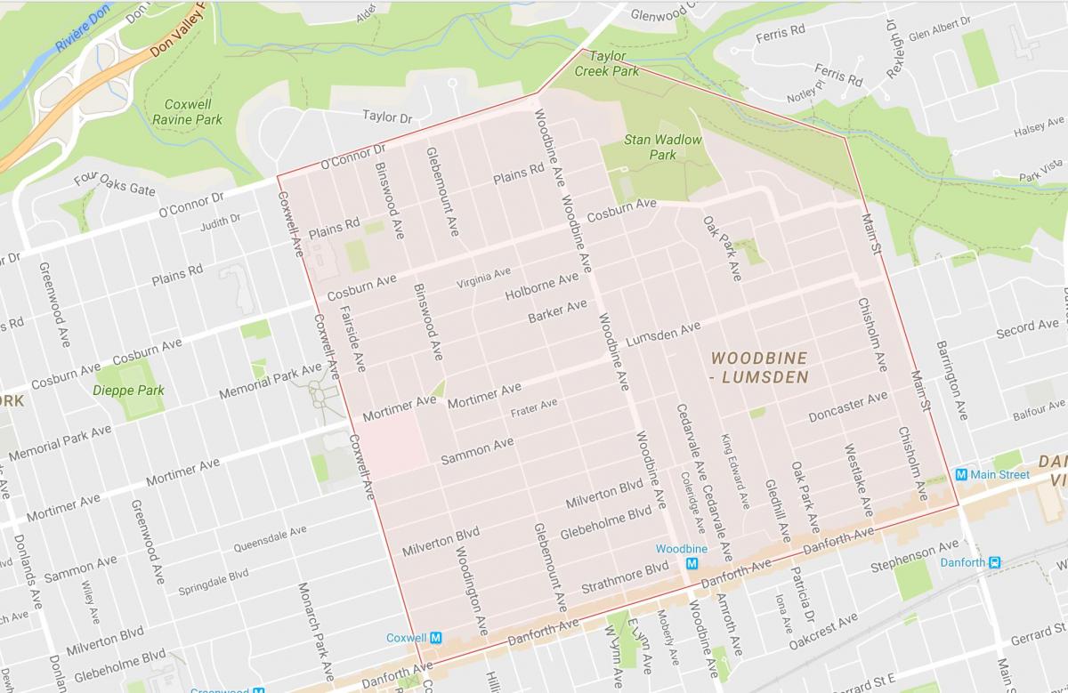 Peta dari Woodbine Heights lingkungan Toronto