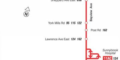 Peta dari TTC 11 Bayview bus rute Toronto