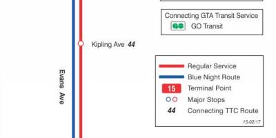 Peta dari TTC 15 Evans bus rute Toronto