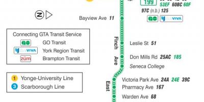 Peta dari TTC 199 Finch Roket bus rute Toronto