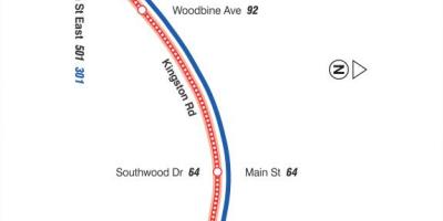 Peta dari TTC 22 Coxwell bus rute Toronto