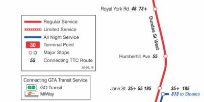 Peta dari TTC 30 Lambton bus rute Toronto
