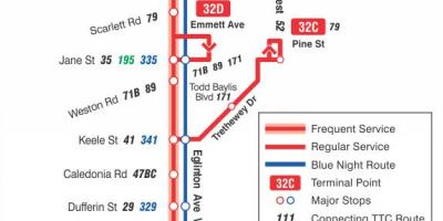 Peta dari TTC 32 Eglinton Barat rute bus Toronto