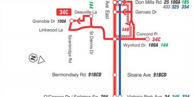 Peta dari TTC 34 Eglinton Timur rute bus Toronto
