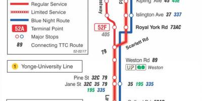 Peta dari TTC 52 Lawrence Barat rute bus Toronto