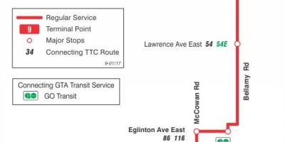 Peta dari TTC 9 Bellamy bus rute Toronto